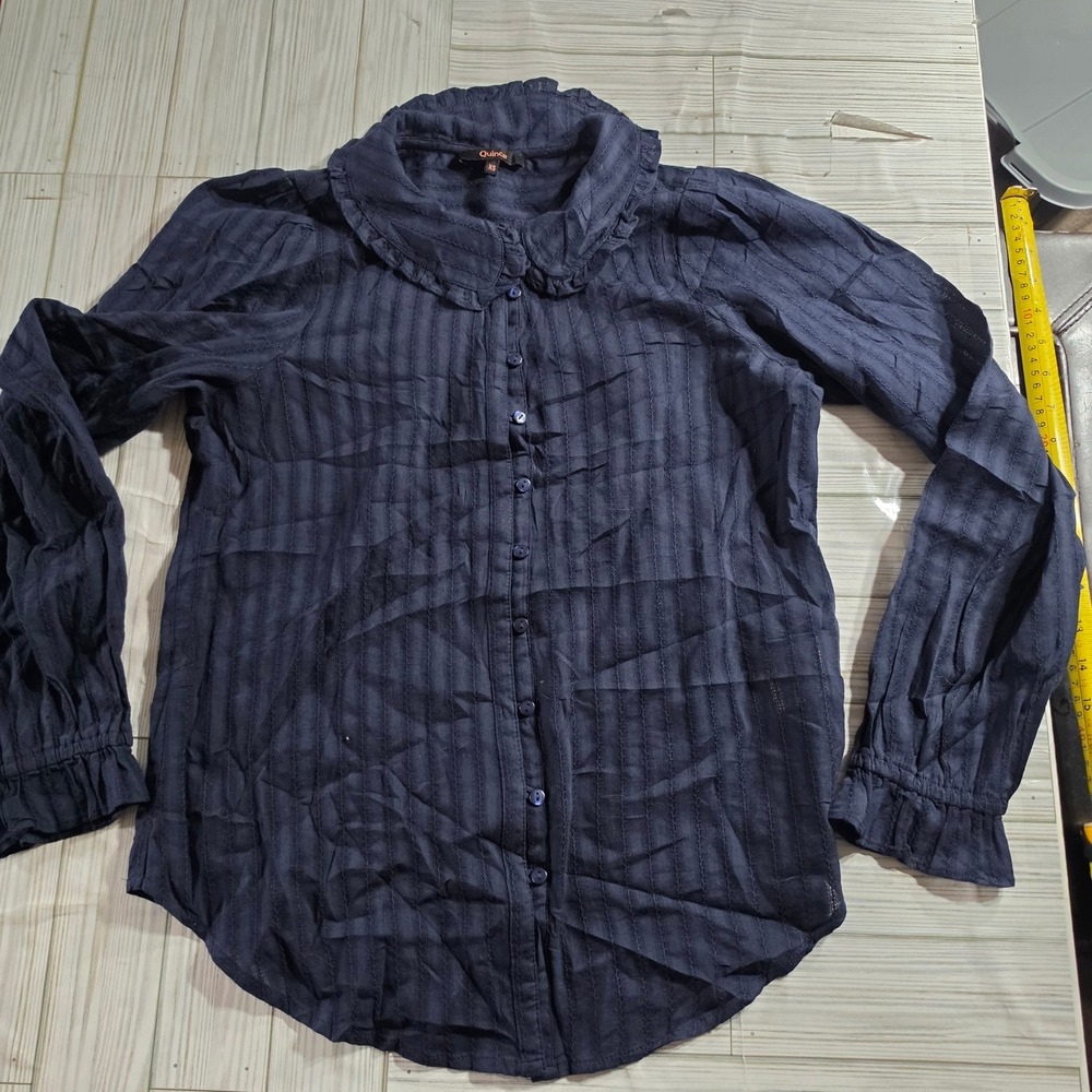 Quince Navy Blue Ruffle Peter Pan Collar Stripe Button Down Blouse XS